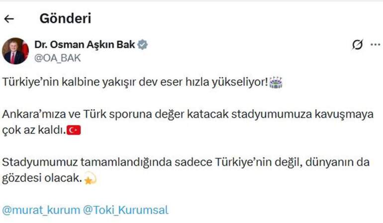 Ankara’nın yeni stadyumu son görüntüleriyle paylaşıldı