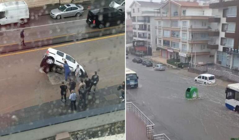 Ankara felç oldu! Yol çöktü, araç çukura düştü