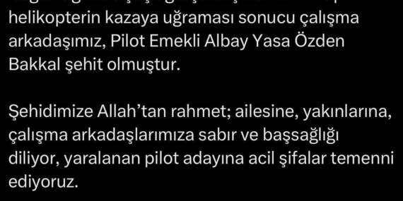 Sincan’da Helikopter Kazası: Pilot Şehit Oldu, Pilot Adayı Yaralandı
