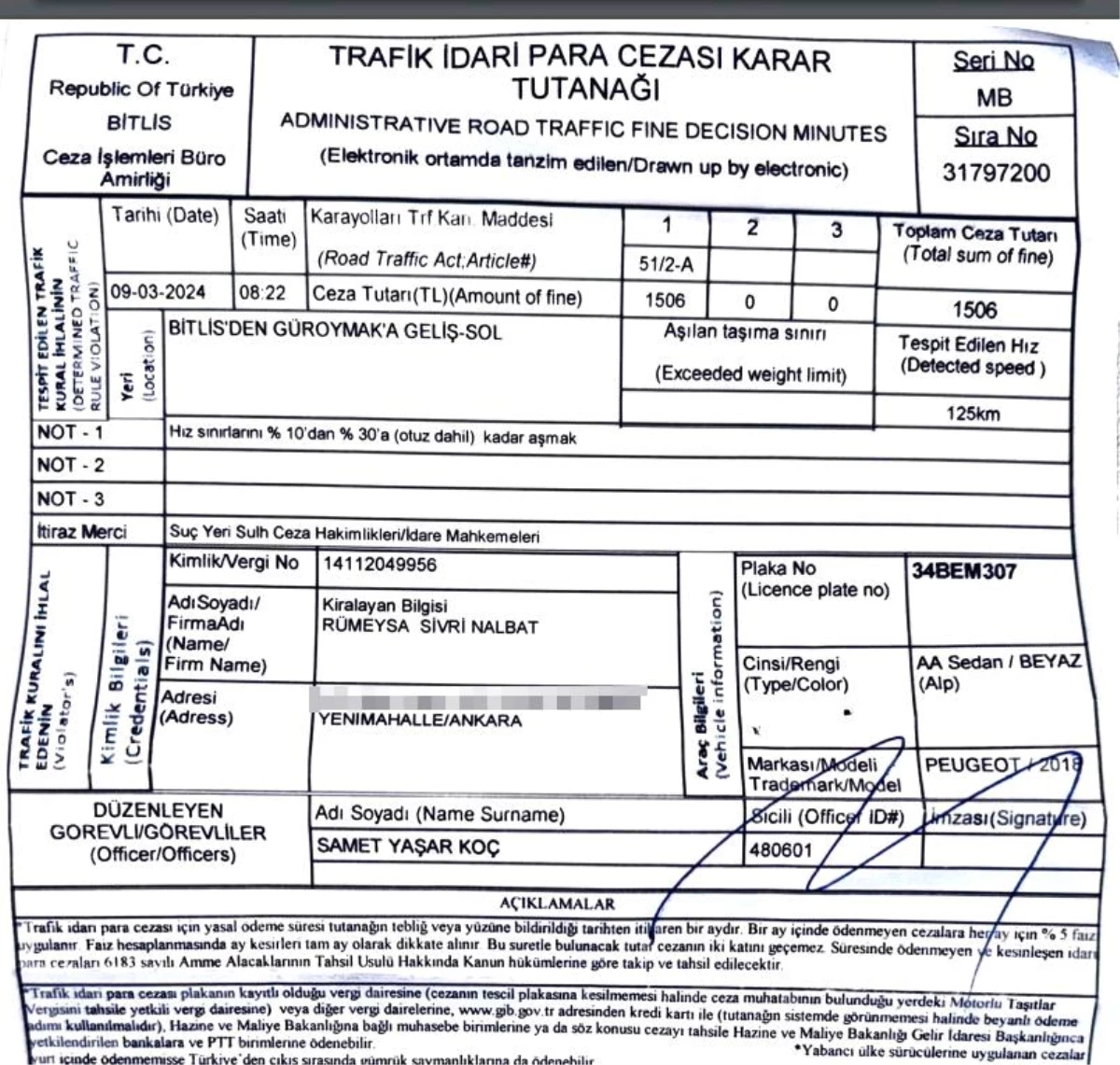 Ankara’da yaşayan kadına hiç gitmediği Bitlis’ten trafik cezası