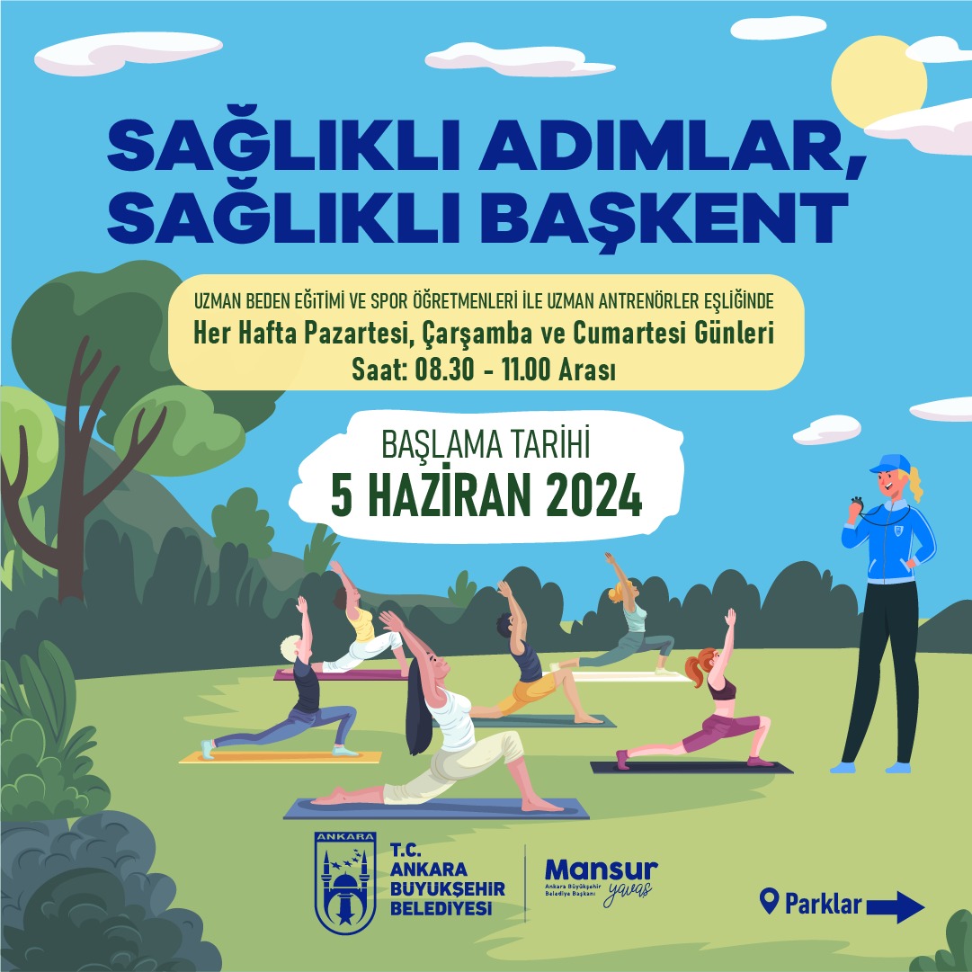 ????“Sağlıklı Adımlar, Sağlıklı Başkent” sloganıyla 17 park ve rekreasyon alanımızda spor faaliyetlerimiz başlıyor. ✔ 5 Haziran'dan itibaren; ????‍♀️ Her Pazartesi, Çarşamba, Cumartesi günü; ???? 08.30 - 11.00 saatleri arasında uzman eğitmenler eşliğinde ☘️ doğa ile iç içe spor yapmak için buluşalım. ▪️Katılım ücretsizdir. @mansuryavas06