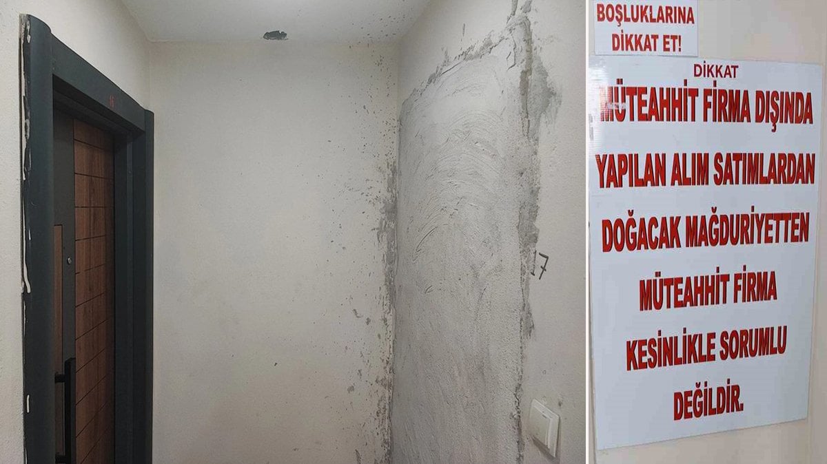 ‘Dolandırıldım’ deyip, evinin kapısına duvar ördü! Müteahhit bu afişi astı