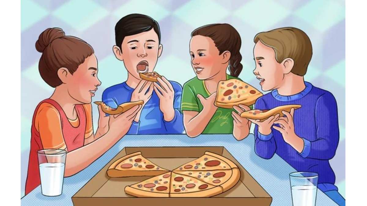 Bu görselde bir terslik var! Pizza yiyen 4 çocuktaki tuhaflığı kimse bulamıyor!