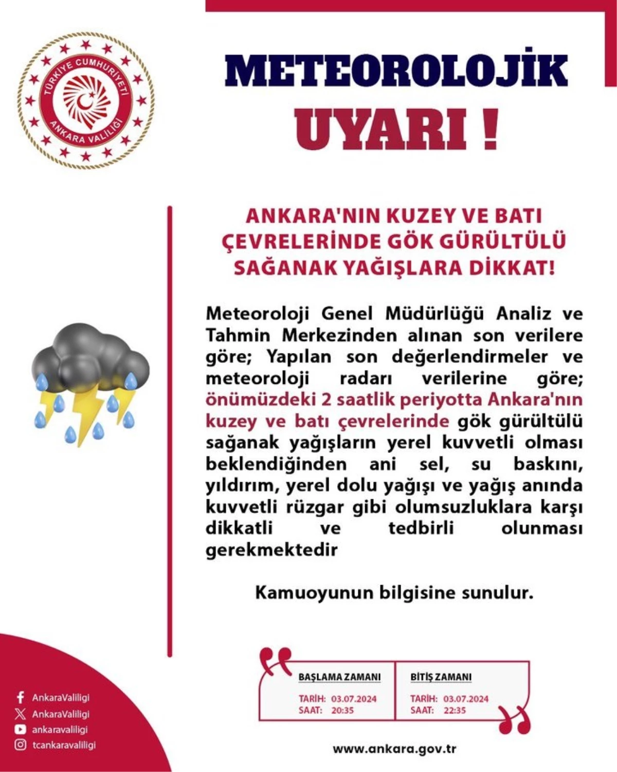 Ankara Valiliği’nden Kuvvetli Yağış Uyarısı