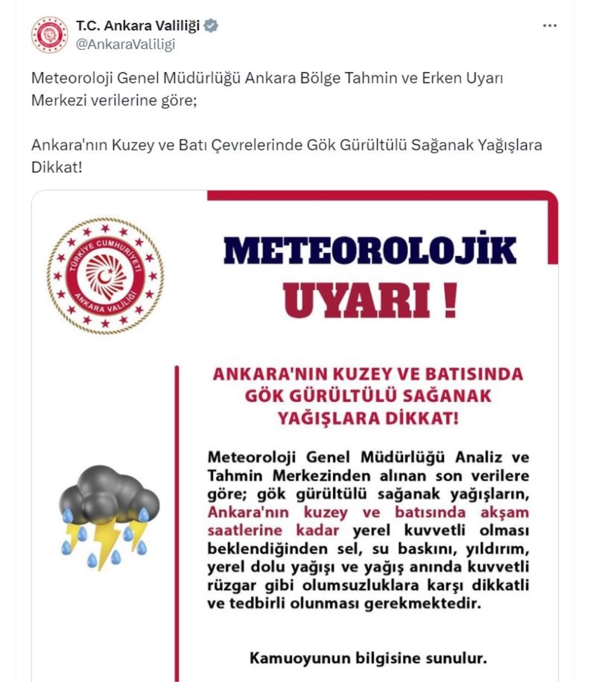 Ankara Valiliği Sel ve Su Baskınlarına Karşı Uyardı