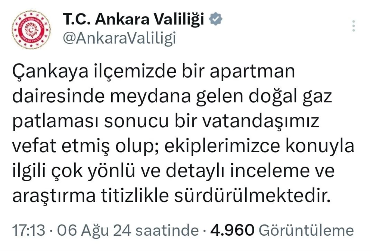 Ankara’da doğal gaz patlaması: Bir kişi hayatını kaybetti