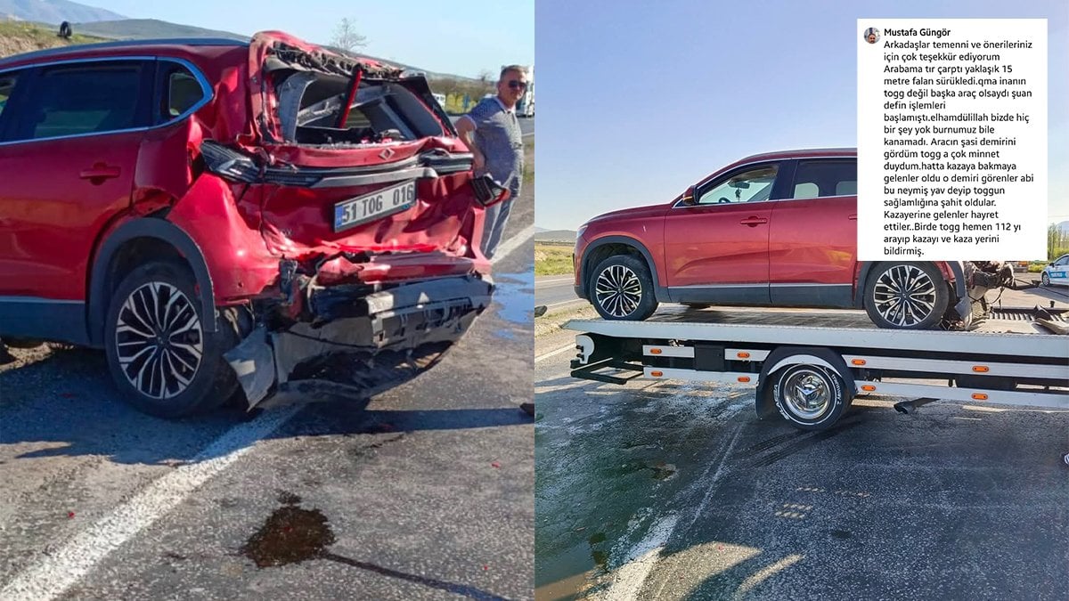 Togg’a TIR çarptı, 15 metre sürükledi! Sahibi anlattı: Başka araç olsa defin işlemleri başlamıştı, Togg hayatımızı kurtardı