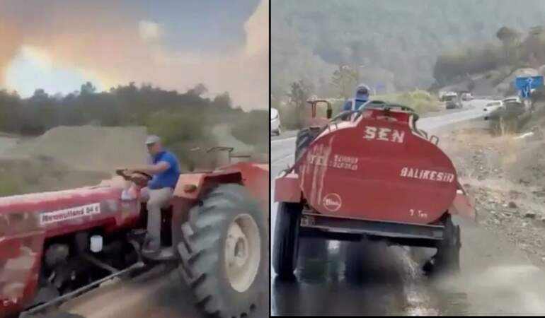 Bursa’daki yangını patlak lastikle söndürmeye gitti