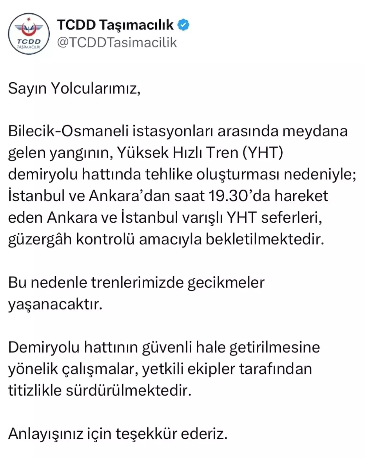 Osmaneli’ndeki Yangın Tren Seferlerini Etkiledi