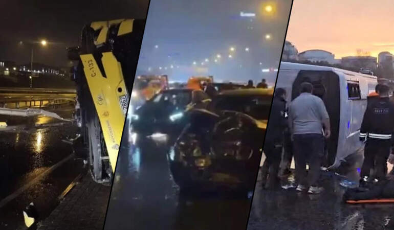 İstanbul’da Sağanak Sonrası Peş Peşe Kazalar! Servis Minibüsü Devrildi