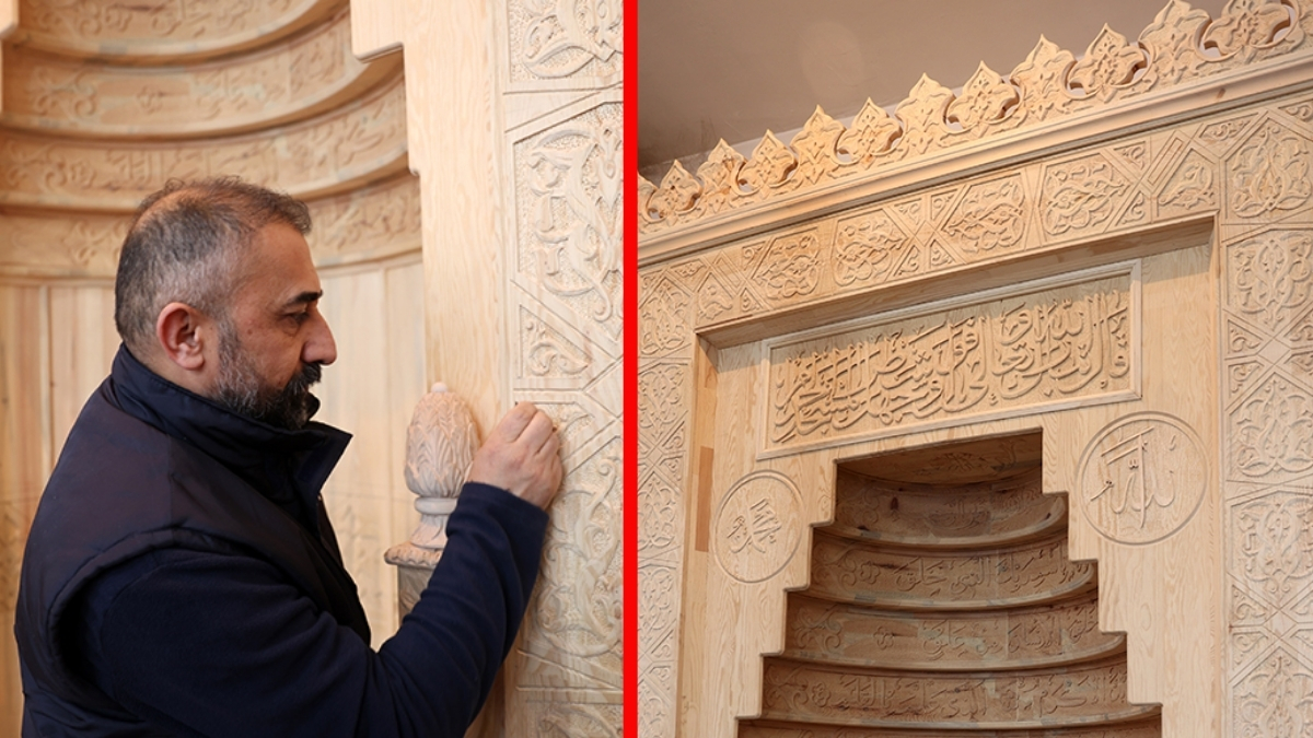 Çivi kullanmadan yaptı, 8 ayda motifleri mihraba işledi! Hem sanatını hem yeteneğini ağaca milim milim oydu