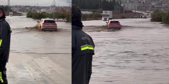 Suyun içinde bile sorunsuz gidiyormuş! Araçların kaldığı göle dönmüş yolda yerli otomobil TOGG böyle ilerledi!