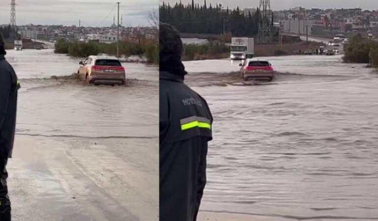 Suyun içinde bile sorunsuz gidiyormuş! Araçların kaldığı göle dönmüş yolda yerli otomobil TOGG böyle ilerledi!