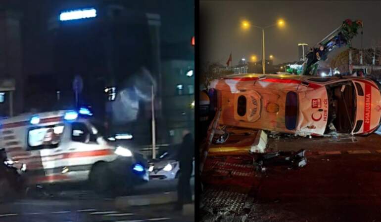 İstanbul’da feci kaza: Hasta taşıyan ambulans otomobille çarpışıp takla attı!