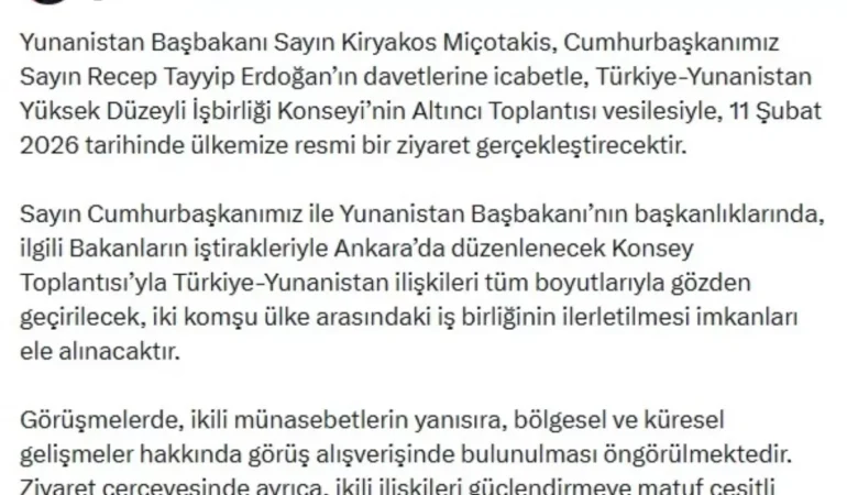 Yunanistan Başbakanı Miçotakis 11 Şubat’ta Türkiye’yi Ziyaret Edecek