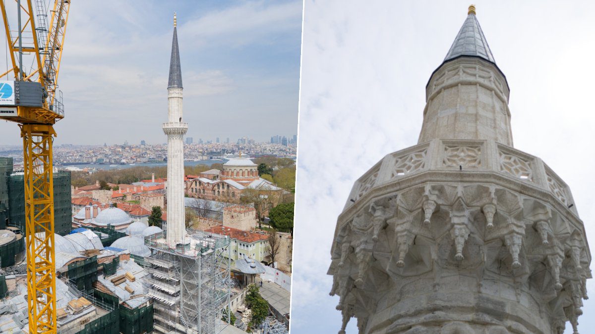 Ayasofya Camii’nin minaresinde restorasyon tamamlandı