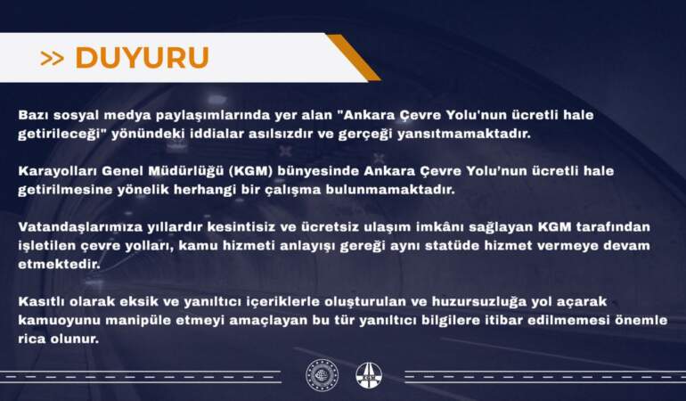 Ankara Çevre Yolu Ücretli Olmayacak