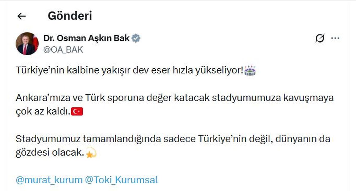 Ankara’nın yeni stadyumu son görüntüleriyle paylaşıldı